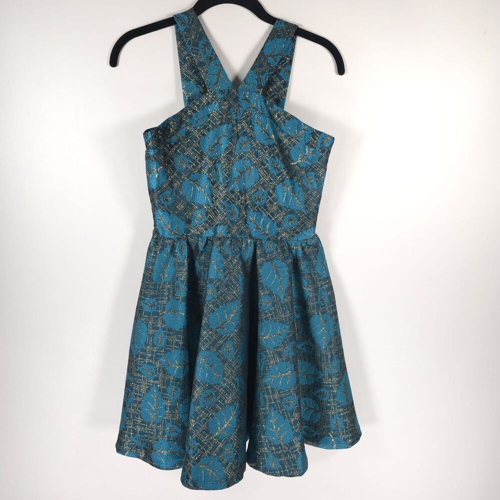 MISS BEHAVE GIRLS New Dress 12 Metallic Turquoise Fit Flare Pleated Stephanie - Picture 2 of 14